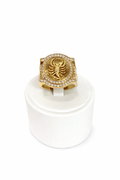 Men's ring in 10K gold with a raised scorpion design and a sparkling halo.