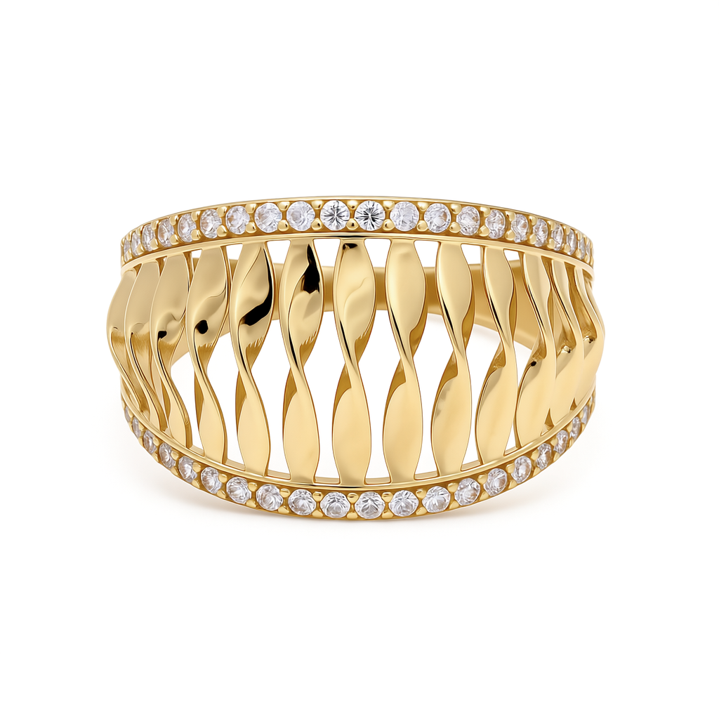Fashionable women's ring in 10k yellow gold with cubic zirconia.